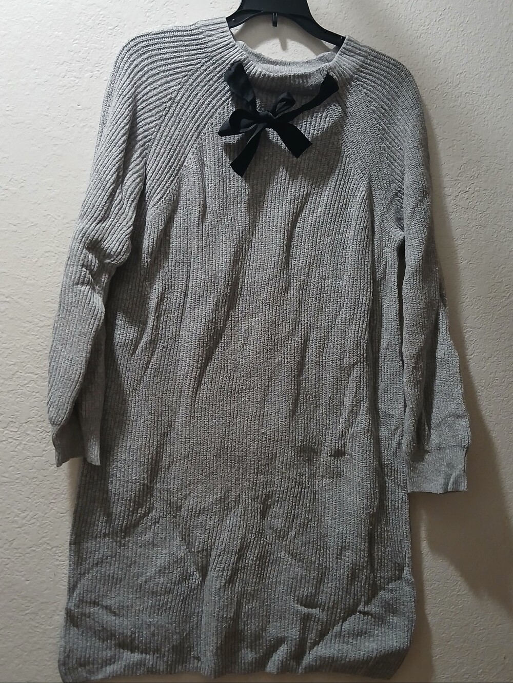 J. Crew L Gray Ribbed Sweater Dress with Black Bow